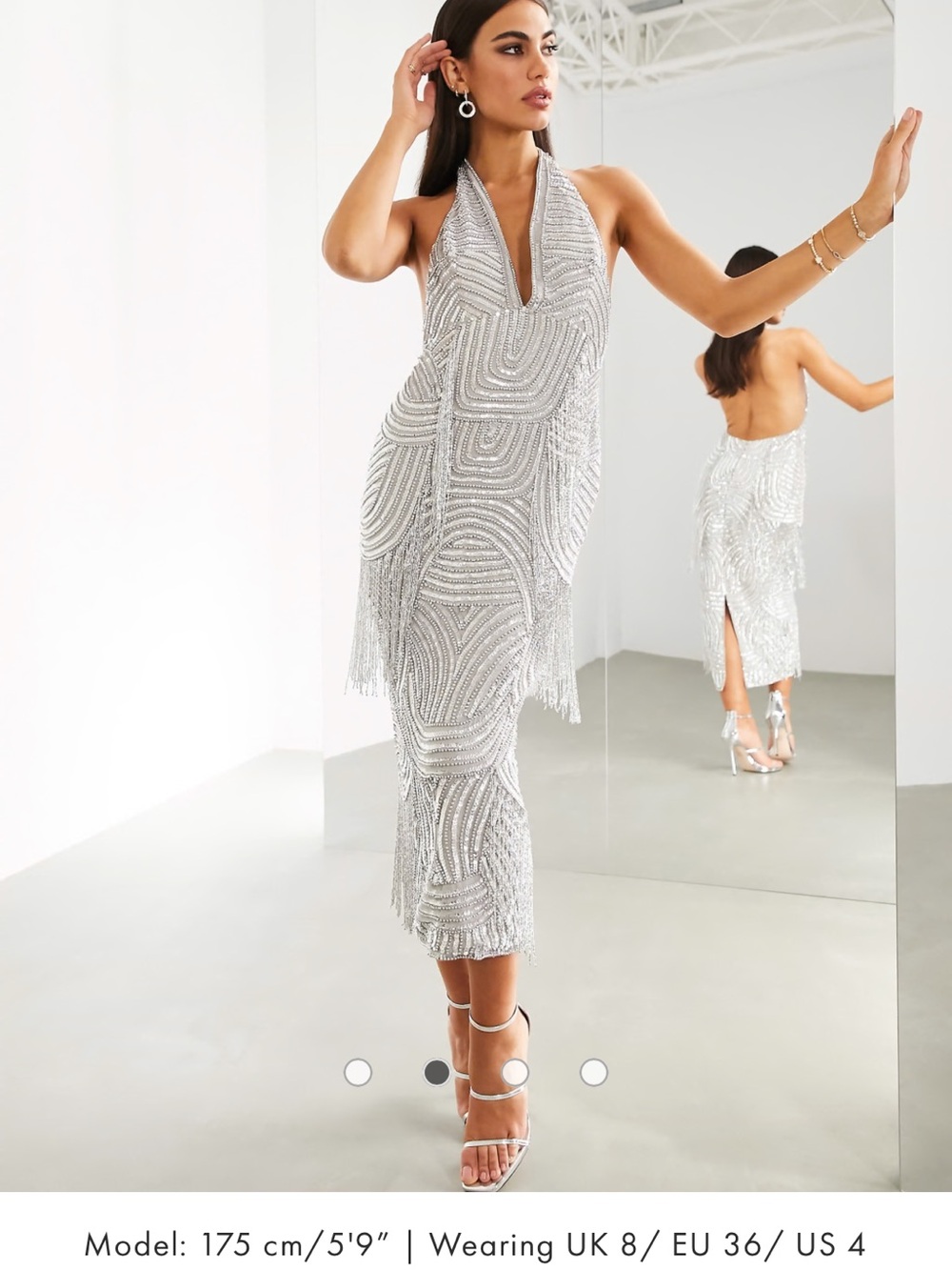 ASOS Silver Sequin Halter Backless Midi Dress